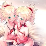  bikini_top bottomless breasts fate/grand_order mordred_(fate) mozu_(pixiv8754) nipples thighhighs wardrobe_malfunction yuri 