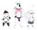  abs absurd_res anthro barefoot booty_trio brian_griffin bulge clothing collar ear_piercing ear_ring eyewear family_guy glasses group hat headgear headwear hi_res male perry_the_platypus piercing post_transformation raymondfoxxx rigby simple_background standing white_background 