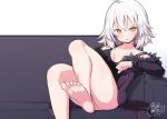  barefoot beni_shake breasts cleavage couch fate/grand_order fate_(series) jeanne_d&#039;arc_(fate) jeanne_d&#039;arc_alter orange_eyes short_hair signed waifu2x white_hair 