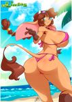  2016 anthro beach big_breasts bikini bovid bovine breasts brown_fur brown_hair butt cattle chalo clothed clothing female fur green_eyes hair horn huge_breasts las_lindas long_hair looking_back mammal mora_linda nipple_outline outside rear_view seaside side_boob small_waist smaller_version_at_source smile solo swimwear thick_thighs voluptuous webcomic 
