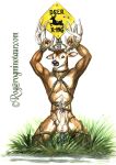  2000 animal_genitalia anthro antlers balls bdsm bodily_fluids bondage bound brown_eyes brown_fur cervid cum cum_on_self erection fur genital_fluids grass helpless horn kneeling male mammal nipples nude rog_minotaur rope sheath sign simple_background solo traditional_media_(artwork) 