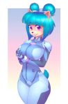  2019 anthro bandicoot big_breasts black_nose blue_hair breasts clothed clothing cosplay crash_bandicoot_(series) crossover curvaceous digital_media_(artwork) female fur hair hair_buns looking_at_viewer mammal marsupial megumi_bandicoot naughty_dog neon_genesis_evangelion nitro plugsuit portrait purple_eyes short_hair simple_background smile solo sony_corporation sony_interactive_entertainment standing video_games wide_hips 
