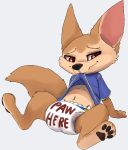  absurd_res anthro big_ears canid canine clothed clothing clothing_lift diaper disney embarrassed fennec finnick fox hi_res kuuneho male mammal navel pawpads shirt shirt_lift sitting solo teeth topwear writing_(disambiguation) zootopia 