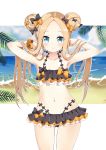  1girl abigail_williams_(fate/grand_order) armpits bangs bare_arms bare_shoulders bikini black_bikini black_bow blonde_hair blue_sky bow closed_mouth cloud cloudy_sky collarbone commentary_request day double_bun emerald_float eyebrows_visible_through_hair fate/grand_order fate_(series) forehead hair_bow hands_up horizon long_hair massala navel ocean orange_bow orange_scrunchie parted_bangs polka_dot polka_dot_bow scrunchie sidelocks sky smile solo standing swimsuit very_long_hair water wrist_scrunchie 