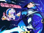  1girl android blue_eyes blush bubble capcom chibi dark_background fish gloves helmet looking_down mermaid monster_girl open_mouth polearm robot rockman rockman_(classic) rockman_9 smile solo splash_woman trident underwater weapon yojio_(2188) 