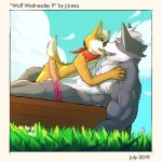  1:1 2019 abs anthro biceps bodily_fluids canid canine canis digital_media_(artwork) duo erection fox fox_mccloud fur hair hi_res humanoid_penis jrjresq kissing male male/male mammal muscular muscular_male nintendo nipples nude open_mouth pecs penis size_difference smile star_fox tongue video_games wolf wolf_o&#039;donnell 