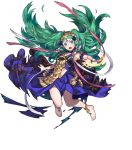  1girl barefoot bracelet fire_emblem fire_emblem:_three_houses fire_emblem_heroes full_body green_eyes green_hair highres jewelry long_hair maiponpon official_art open_mouth pointy_ears solo sothis sparkle teeth tiara torn_clothes transparent_background 