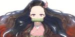  1girl bamboo bangs bit_gag black_hair bouhouji brown_hair commentary_request forehead gag gradient_hair hair_ribbon highres japanese_clothes kamado_nezuko kimetsu_no_yaiba kimono looking_at_viewer multicolored_hair open_clothes parted_bangs pink_kimono pink_ribbon red_eyes ribbon simple_background solo upper_body white_background 