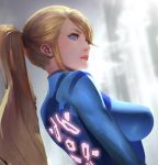  1girl blonde_hair blue_bodysuit blue_eyes bodysuit breasts closed_mouth dutch_angle english_commentary from_side large_breasts long_hair metroid ponytail red_lips samus_aran shuichi_wada skin_tight super_smash_bros. work_in_progress zero_suit 