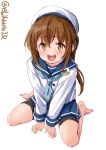  1girl alternate_costume barefoot between_legs blue_neckwear blue_ribbon blue_sailor_collar blue_skirt blush brown_eyes brown_hair cosplay ebifurya etorofu_(kantai_collection) etorofu_(kantai_collection)_(cosplay) eyebrows_visible_through_hair fumizuki_(kantai_collection) hair_between_eyes hat highres kantai_collection long_hair long_sleeves looking_at_viewer neckerchief no_shoes open_mouth pleated_skirt ponytail ribbon sailor_collar sailor_hat shorts shorts_under_skirt simple_background sitting skirt smile solo wariza white_background white_headwear 