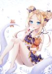  1girl :o abigail_williams_(fate/grand_order) air_bubble bare_legs bare_shoulders barefoot bikini black_bikini black_bow blonde_hair blush bow bubble collarbone commentary_request double_bun emerald_float fate/grand_order fate_(series) food fruit hair_bow holding holding_food looking_at_viewer object_hug orange_bow parted_lips polka_dot polka_dot_bow pong_(vndn124) solo strawberry stuffed_animal stuffed_toy swimsuit teddy_bear tentacles white_background 