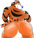  1:1 anthro balls big_butt blue_eyes blue_nose butt crazy_company felid frosted_flakes fur invalid_tag kellogg&#039;s looking_back male mammal mascot nude orange_fur pantherine simple_background smile solo stripes tiger tony_the_tiger 