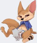  absurd_res anthro big_ears canid canine clothed clothing clothing_lift diaper disembodied_hand disney embarrassed fennec finnick fox grope hi_res kuuneho male mammal navel pawpads shirt shirt_lift sitting solo teeth topwear writing_(disambiguation) zootopia 