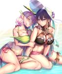  2girls arm_hug arm_support bare_shoulders beach blue_eyes blush breasts brown_hair cleavage collarbone criss-cross_halter day flower gloves granblue_fantasy hair_between_eyes hair_flower hair_ornament halterneck hat holding_arm jewelry kasappi large_breasts leaf long_hair looking_at_another low_twintails monster_girl multiple_girls navel ocean open_mouth outdoors pink_hair plant_girl pointy_ears purple_eyes rose rosetta_(granblue_fantasy) sand sitting smile sun_hat thigh_strap twintails very_long_hair wet white_headwear yggdrasil_(granblue_fantasy) yokozuwari 