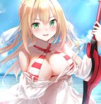  bikini_top breast_hold fate/grand_order kachiyori open_shirt saber_extra see_through sword 