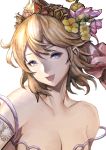  1girl bangs bare_shoulders blonde_hair blue_eyes breasts cleavage commentary_request europa_(granblue_fantasy) flower granblue_fantasy hair_between_eyes hair_flower hair_ornament highres large_breasts looking_at_viewer open_mouth shimashima_(simasima_23) short_hair smile solo tiara 
