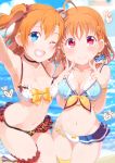  2girls adapted_costume ahoge aozora_jumping_heart bangs bikini blue_eyes bokura_wa_ima_no_naka_de braid breasts cleavage cloud cloudy_sky commentary_request earrings heart jewelry kitahara_tomoe_(kitahara_koubou) kousaka_honoka looking_at_viewer love_live! love_live!_school_idol_project love_live!_sunshine!! medium_breasts multiple_girls ocean orange_hair red_eyes short_hair side_braid side_ponytail sky swimsuit takami_chika 