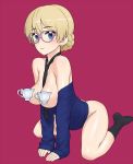  1girl all_fours arm_support bangs bespectacled between_breasts black_legwear black_neckwear blonde_hair blue_eyes blue_sweater blush bottomless braid breasts censored churchill_(tank) closed_mouth cup darjeeling eyebrows_visible_through_hair girls_und_panzer glasses ground_vehicle highres leaning_forward legs long_hair long_sleeves medium_breasts military military_vehicle motor_vehicle necktie pink-framed_eyewear red_background school_uniform short_hair simple_background smile socks st._gloriana&#039;s_school_uniform sweater tank teacup tied_hair wata_do_chinkuru 