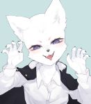  anthro bust_portrait canid canine cape clothed clothing dress_shirt fangs female fox fully_clothed fur gosannana mammal open_mouth portrait shirt smile solo tongue tongue_out topwear white_fur 