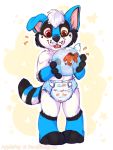  2017 4_fingers anthro applepup black_fur black_nose blue_fur canid canine canis cub diaper domestic_dog fingers fish fur hair heterochromia mammal marine multicolored_fur open_mouth solo standing white_fur white_hair young 