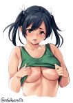  1girl areola_slip areolae bangs bare_arms bare_shoulders bikini_tan blue_eyes blue_hair blush breast_press breasts cleavage collarbone crop_top cropped_torso ebifurya embarrassed highres kantai_collection large_breasts lifted_by_self looking_at_viewer no_bra open_mouth sideboob sleeveless solo souryuu_(kantai_collection) tan tank_top tanline twintails upper_body 