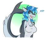  2019 ambris anthro blue_eyes blue_hair clothed clothing dialogue ear_piercing english_text erika_(ambris) female fish furgonomics furry-specific_piercing hair hi_res looking_at_viewer marine multicolored_hair open_mouth piercing shark sharp_teeth shirt solo tail_piercing talking_to_viewer tank_top teeth text topwear two_tone_hair 