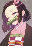  1girl bamboo bangs bit_gag black_hair bouhouji checkered commentary_request forehead gag grey_background hair_ribbon highres japanese_clothes kamado_nezuko kimetsu_no_yaiba kimono looking_away looking_to_the_side obi parted_bangs pink_eyes pink_kimono pink_ribbon ribbon sash short_hair simple_background solo upper_body 