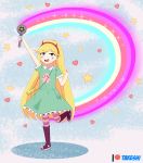  1girl :d absurdres arms_up bag blonde_hair blue_eyes boots demon_horns dress full_body green_dress hairband handbag heart heart_cheeks highres horns huge_filesize long_hair open_mouth rainbow skirt smile standing star star_butterfly star_vs_the_forces_of_evil striped striped_legwear takeshi~ teeth wand 