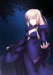  1girl artoria_pendragon_(all) bangs black_bow blue_sleeves bow breasts choker cleavage collarbone dust_particles eyebrows_visible_through_hair fate/stay_night fate_(series) hair_between_eyes hair_bow highres long_hair long_skirt long_sleeves looking_at_viewer medium_breasts migiha night outdoors parted_lips purple_skirt reaching saber_alter shrug_(clothing) silver_hair skirt skirt_hold skirt_set solo standing yellow_eyes 