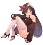  1girl :o ass bangs bare_shoulders black_footwear black_gloves blue_eyes blush breasts brown_dress brown_hair brown_headwear commentary_request dress elbow_gloves flower full_body furukawa_itsuse gloves hair_over_one_eye haruno_nano hat high_heels iriam knees_up large_breasts long_hair necktie parted_lips red_flower red_neckwear red_ribbon red_rose ribbed_dress ribbon rose shoes simple_background sitting solo thighhighs tie_clip very_long_hair virtual_youtuber white_background white_legwear 