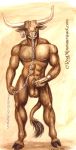  2000 anthro balls bovid bovine brown_eyes brown_fur cattle chain ear_tag european_mythology facial_piercing fur greek_mythology hooves horn humanoid_penis jewelry male mammal minotaur muscular mythology nipple_piercing nipple_ring nipples nose_piercing nose_ring nude penis piercing rog_minotaur simple_background solo standing traditional_media_(artwork) 