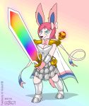  anthro armor blue_eyes boots breasts cape cleavage clothed clothing drjavi eeveelution faeberry fan_character female footwear fur hair melee_weapon nintendo pink_fur pink_hair pok&eacute;mon pok&eacute;mon_(species) rainbow_sword sword sylveon video_games weapon 