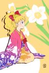  1girl 2012 blonde_hair blue_eyes closed_mouth commentary_request final_fantasy final_fantasy_v flower hair_ornament japanese_clothes kimono krile_mayer_baldesion long_hair pekamatu ponytail smile solo 