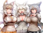  animal_ear_fluff animal_ears blazer blush borrowed_character breasts brown_hair cleavage commentary_request crossed_arms czechoslovakian_wolfdog_(kemono_friends)_(kitsunetsuki_itsuki) daddy_pomgi double_v eyebrows_visible_through_hair fang gloves great_plains_wolf_(kemono_friends)_(yoshida_hideyuki) grey_hair highres jacket kemono_friends large_breasts miniskirt multicolored_hair necktie open_mouth orange_eyes original plaid plaid_skirt pleated_skirt red_wolf_(kemono_friends)_(asano_(asamusuko)) scarf skirt smile tail taut_clothes two-tone_hair upper_body v white_background white_gloves white_hair wolf_ears wolf_tail yellow_eyes 