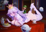  1boy 1girl :p ass boo bottomless breasts cake cleavage crown dress driverbunny37 earrings facial_hair feet_up food frilled_gloves frills ghost ghost_pose gloves highres jewelry large_breasts lavender_hair legs_up long_hair looking_at_viewer luigi luigi&#039;s_mansion lying mario_(series) mustache new_super_mario_bros._u_deluxe on_stomach on_table peeping pink_eyes princess_king_boo purple_tongue sharp_teeth short_eyebrows slit_pupils solo super_crown table tea_set teeth the_pose thighhighs tongue tongue_out white_dress 