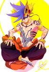 1boy bangle blue_hair body_markings bracelet cosplay crown domino_mask full_body_tattoo galo_thymos grin indian_style jewelry love_machine love_machine_(cosplay) male_focus mask navel no_nipples promare puffy_pants sharp_teeth shirtless sitting smile solo spiked_hair summer_wars tattoo teeth 
