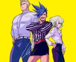  3boys blonde_hair blouson_chiemi blouson_chiemi_(cosplay) blue_hair bob_cut commentary contrapposto cosplay cowboy_shot cravat crossdressing crossed_arms galo_thymos green_hair hand_on_hip kray_foresight lio_fotia looking_at_another miniskirt multiple_boys promare shirt simple_background skirt spiked_hair striped striped_shirt yellow_background 