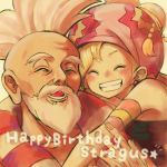  1boy 1girl bare_shoulders blonde_hair commentary_request earrings final_fantasy final_fantasy_vi hat ichi_(pixiv6373491) jewelry open_mouth relm_arrowny short_hair smile stragus_magus 