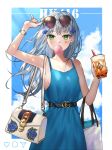  1girl 404_logo_(girls_frontline) absurdres adjusting_eyewear bag bangs belt blue_dress blunt_bangs blush breasts bubble_blowing bubble_tea buckle character_name cowboy_shot cup disposable_cup dress drinking_straw earrings eyebrows_visible_through_hair facial_mark girls_frontline green_eyes hair_ornament handbag highres hk416_(girls_frontline) holding holding_cup huge_filesize jewelry long_hair looking_at_viewer medium_breasts roti silver_hair single_earring solo sunglasses teardrop very_long_hair watch wristwatch 