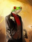  2019 absurd_res amphibian anthro clothed clothing digital_media_(artwork) filemonte frog hi_res red_eyes simple_background solo standing suit 