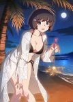  1girl artist_request beach bikini black_bikini black_eyes black_hair breasts cleavage fireworks hair_ornament hairclip hanekawa_tsubasa highres large_breasts looking_at_viewer monogatari_(series) moon night night_sky ocean official_art open_mouth palm_tree see-through short_hair sky smile solo source_request sparkler standing star_(sky) starry_sky swimsuit tree tropical water 