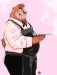  2019 anthro apron black_nose blush bottomwear brown_fur clothing eyes_closed fur humanoid_hands kamui_shirow male mammal overweight overweight_male pants shirt solo topwear ursid 