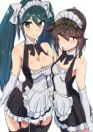  2girls apron bangs black_legwear blue_hair blush bow bowtie breasts brown_hair cleavage clothes_writing comala_(komma_la) elbow_gloves eyebrows_visible_through_hair garter_straps gloves hachimaki hair_bow hair_flaps hand_on_another&#039;s_hip hatsuzuki_(kantai_collection) headband highres isuzu_(kantai_collection) kantai_collection large_breasts long_hair looking_at_viewer looking_away maid maid_apron maid_headdress multiple_girls simple_background sleeveless small_breasts smile twintails white_background white_bow white_gloves 
