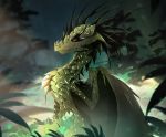  2019 ambiguous_gender brown_eyes detailed_background digital_media_(artwork) dragon feral green_scales hi_res horn membrane_(anatomy) membranous_wings outside scales solo spines telleryspyro wings wyvern 