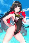  1girl aiuchi black_hair black_swimsuit blue_sky blush breasts cloud collarbone competition_swimsuit covered_navel cowboy_shot day eyebrows_visible_through_hair girls_frontline highleg highleg_swimsuit highres lens_flare long_hair looking_at_viewer one-piece_swimsuit outdoors red_eyes red_towel sky small_breasts solo standing swimsuit type_100_(girls_frontline) 