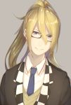  1boy black-framed_eyewear blonde_hair blue_neckwear character_request formal glasses gyakuten_othellonia hair_between_eyes highres kuronotenji long_hair male_focus simple_background smile solo standing suit sweater_vest upper_body 