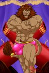  2019 5_fingers abs anthro biceps big_muscles brown_fur brown_hair bulge clothed clothing crossed_arms eyebrows felid fingers fur hair hi_res hungothenomster lion looking_at_viewer male mammal mane muscular muscular_male muscular_thighs pantherine pecs pink_clothing pink_nose pink_underwear pubes sharp_teeth solo standing teeth tight_underwear topless underwear 