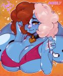  2019 amber_eyes anthro big_breasts blush breasts bust_portrait clothing collar digital_media_(artwork) english_text female geeflakes geeflakes_(character) hair hi_res lagomorph leporid looking_at_viewer mammal monster multicolored_hair nipple_outline pink_nose portrait rabbit solo text two_tone_hair 