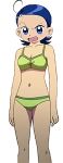  1girl 2017 ahoge annoyed artist_request bare_legs bikini blue_eyes blue_hair breasts cleavage collarbone female foreshortening green_bikini green_swimsuit iguana_bikini legs ojamajo_doremi open_mouth scan senoo_aiko short_hair solo swimsuit white_background 