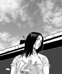  1boy beck black_eyes black_hair cloud greyscale highres long_hair male_focus minami_ryuusuke monochrome nevermind outdoors shirt short_sleeves solo t-shirt upper_body zerointel 